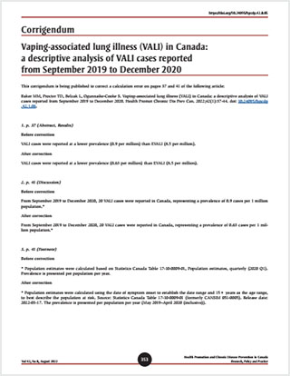 Corrigendum – Vaping-associated lung illness (VALI) in Canada: a descriptive analysis of VALI cases reported from September 2019 to December 2020