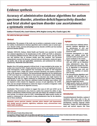 Evidence synthesis – Accuracy of administrative database algorithms for autism spectrum disorder, attention-deficit/hyperactivity disorder and fetal alcohol spectrum disorder case ascertainment: a systematic review
