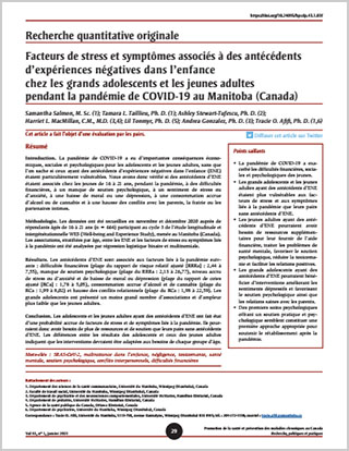 Recherche quantitative originale – Facteurs de stress et symptômes associés à des antécédents d’expériences négatives dans l’enfance chez les grands adolescents et les jeunes adultes pendant la pandémie de COVID-19 au Manitoba (Canada)