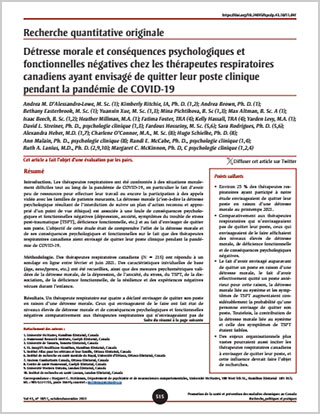 Recherche quantitative originale – Détresse morale et conséquences psychologiques et fonctionnelles négatives chez les thérapeutes respiratoires canadiens ayant envisagé de quitter leur poste clinique pendant la pandémie de COVID-19