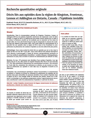 Recherche quantitative originale  – Décès liés aux opioïdes dans la région de Kingston, Frontenac, Lennox et Addington en Ontario, Canada : l’épidémie invisible