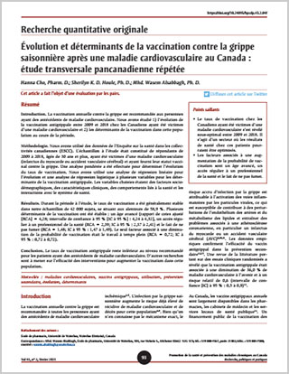 Recherche quantitative originale – Évolution et déterminants de la vaccination contre la grippe saisonnière après une maladie cardiovasculaire au Canada : étude transversale pancanadienne répétée