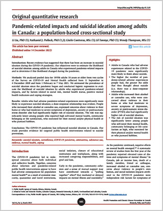 Original quantitative research – Pandemic-related impacts and suicidal ideation among adults in Canada: a population-based cross-sectional study