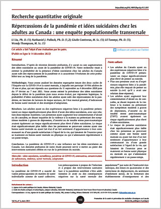 Recherche quantitative originale – Répercussions de la pandémie et idées suicidaires chez les adultes au Canada : une enquête populationnelle transversale