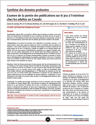 Synthèse des données probantes – Examen de la portée des publications sur le jeu à l’extérieur chez les adultes au Canada