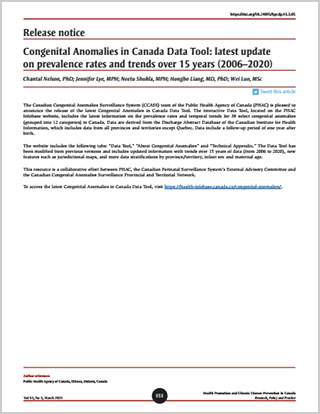 Release notice – Congenital Anomalies in Canada Data Tool: latest update on prevalence rates and trends over 15 years (2006-2020)