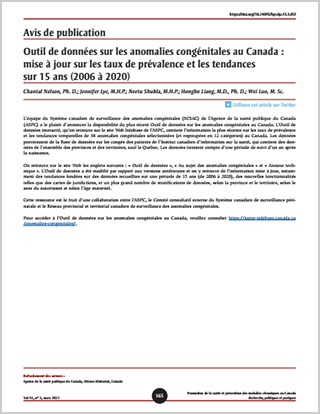 Avis de publication – Outil de données sur les anomalies congénitales au Canada : mise à jour sur les taux de prévalence et les tendances sur 15 ans (2006 à 2020)