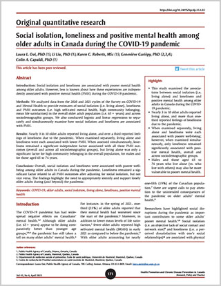 Original quantitative research – Social isolation, loneliness, and positive mental health among older adults in Canada during the COVID-19 pandemic