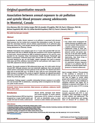 Original quantitative research – Association between annual exposure to air pollution and systolic blood pressure among adolescents in Montreal, Canada