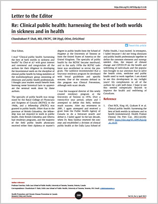 Letter to the Editor – Re: Clinical public health: harnessing the best of both worlds in sickness and in health