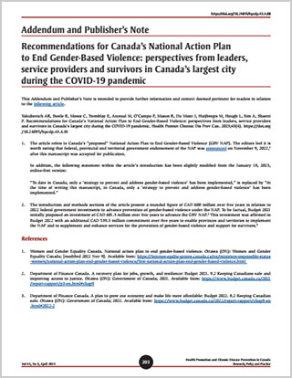 Addendum and Publisher’s Note – Recommendations for Canada's National Action Plan to End Gender-Based Violence: perspectives from leaders, service providers and survivors in Canada’s largest city during the COVID-19 pandemic