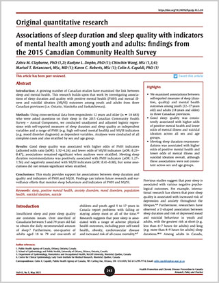 Original quantitative research – Associations of sleep duration and sleep quality with indicators of mental health among youth and adults: findings from the 2015 Canadian Community Health Survey