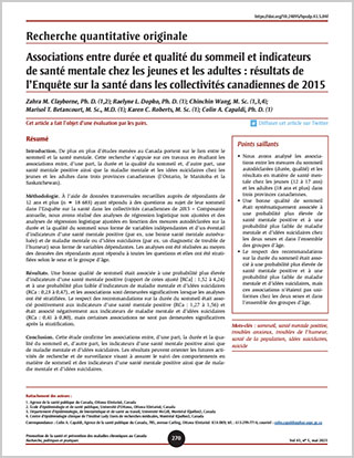 Recherche quantitative originale – Associations entre durée et qualité du sommeil et indicateurs de santé mentale chez les jeunes et les adultes : résultats de l’Enquête sur la santé dans les collectivités canadiennes de 2015