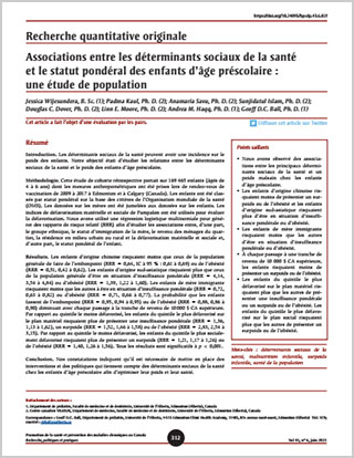 Recherche quantitative originale – Associations entre les déterminants sociaux de la santé et le statut pondéral des enfants d’âge préscolaire : une étude de population