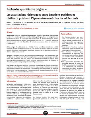 Recherche quantitative originale – Les associations réciproques entre émotions positives et résilience prédisent l’épanouissement chez les adolescents