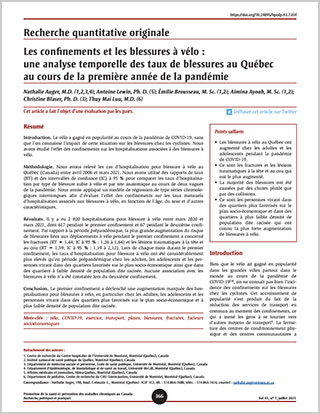 Recherche quantitative originale – Les confinements et les blessures à vélo : une analyse temporelle des taux de blessures au Québec au cours de la première année de la pandémie