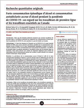 Recherche quantitative originale – Forte consommation épisodique d’alcool et consommation autodéclarée accrue d’alcool pendant la pandémie de COVID-19 : un regard sur les travailleurs de première ligne et les travailleurs essentiels au Canada