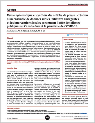 Aperçu – Revue systématique et synthèse des articles de presse : création d’un ensemble de données sur les initiatives émergentes et les interventions locales concernant l’offre de toilettes publiques au Canada durant la pandémie de COVID-19