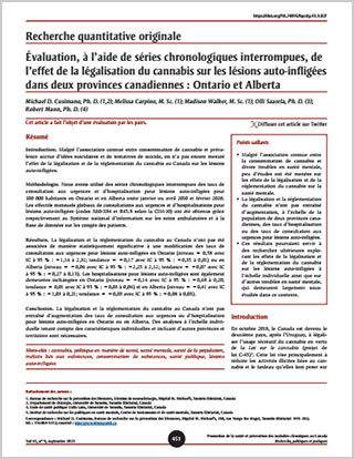 Recherche quantitative originale – Évaluation, à l’aide de séries chronologiques interrompues, de l’effet de la légalisation du cannabis sur les lésions auto‑infligées dans deux provinces canadiennes : Ontario et Alberta