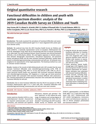 Original quantitative research – Functional difficulties in children and youth with autism spectrum disorder: analysis of the 2019 Canadian Health Survey on Children and Youth