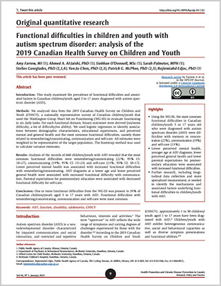 Original quantitative research – Functional difficulties in children and youth with autism spectrum disorder: analysis of the 2019 Canadian Health Survey on Children and Youth