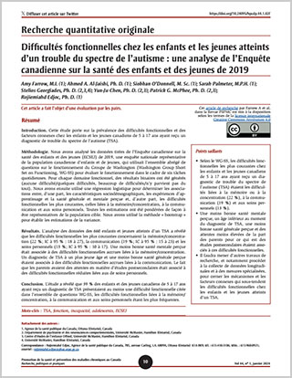 Recherche quantitative originale – Difficultés fonctionnelles chez les enfants et les jeunes atteints d’un trouble du spectre de l’autisme : une analyse de l’Enquête canadienne sur la santé des enfants et des jeunes de 2019