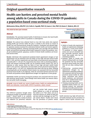 Original quantitative research – Health care barriers and perceived mental health among adults in Canada during the COVID-19 pandemic: a population-based cross-sectional study