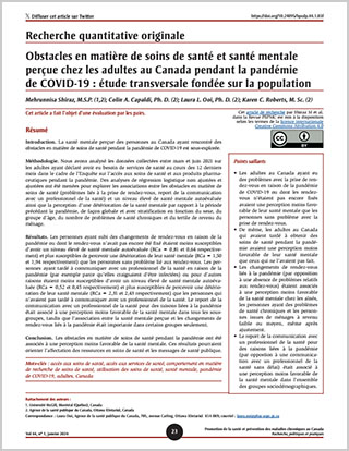 Recherche quantitative originale – Obstacles en matière de soins de santé et santé mentale perçue chez les adultes au Canada pendant la pandémie de COVID-19 : étude transversale fondée sur la population