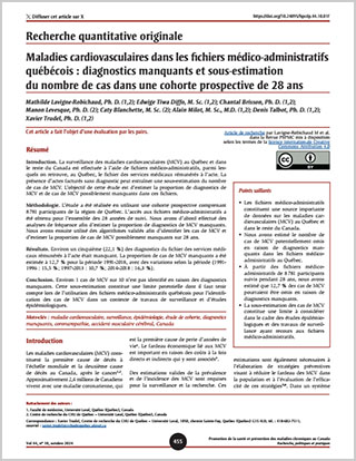Recherche quantitative originale – Maladies cardiovasculaires dans les fichiers médico-administratifs québécois : diagnostics manquants et sous-estimation du nombre de cas dans une cohorte prospective de 28 ans