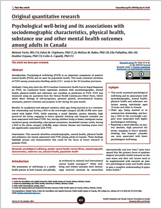 Original qualitative research – Psychological well-being and its associations with sociodemographic characteristics, physical health, substance use and other mental health outcomes among adults in Canada