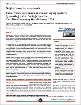 Original quantitative research – Characteristics of Canadians who use vaping products, by smoking status: findings from the Canadian Community Health Survey, 2020