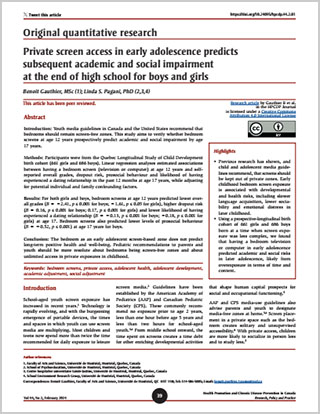 Original quantitative research – Private screen access in early adolescence predicts subsequent academic and social impairment at the end of high school for boys and girls