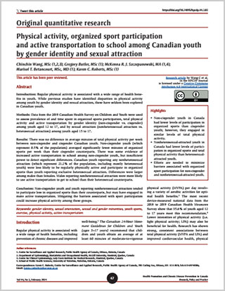 Original quantitative research – Physical activity, organized sport participation and active transportation to school among Canadian youth by gender identity and sexual attraction