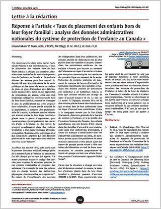 Lettre à la rédaction – Réponse à l’article « Taux de placement des enfants hors de leur foyer familial : analyse des données administratives nationales du système de protection de l’enfance au Canada »