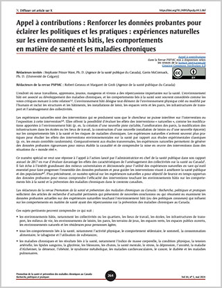 Appel à contributions : Renforcer les données probantes pour éclairer les politiques et les pratiques : expériences naturelles sur les environnements bâtis, les comportements en matière de santé et les maladies chroniques