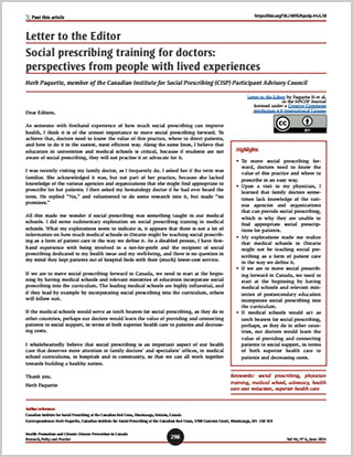 Letter to the Editor – Social prescribing training for doctors: perspectives from people with lived experiences