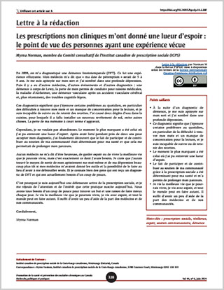 Lettre à la rédaction – Les prescriptions non cliniques m’ont donné une lueur d’espoir : le point de vue des personnes ayant une expérience vécue