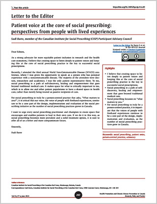 Letter to the Editor – Patient voice at the core of social prescribing: perspectives from people with lived experiences