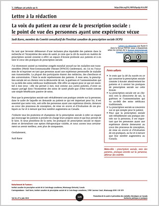 Lettre à la rédaction – La voix du patient au cœur de la prescription sociale : le point de vue des personnes ayant une expérience vécue