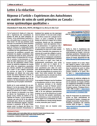 Lettre à la rédaction – Réponse à l’article « Expériences des Autochtones en matière de soins de santé primaires au Canada : revue systématique qualitative »