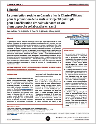 Éditorial – La prescription sociale au Canada : lier la Charte d’Ottawa pour la promotion de la santé à l’Objectif quintuple pour l’amélioration des soins de santé en vue d’une approche collaborative en santé