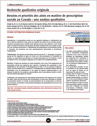 Recherche qualitative originale – Besoins et priorités des aînés en matière de prescription sociale au Canada : une analyse qualitative