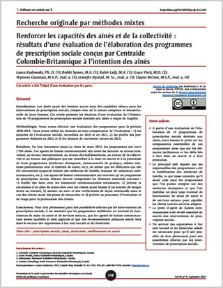 Recherche originale par méthodes mixtes – Renforcer les capacités des aînés et de la collectivité : résultats d’une évaluation de l’élaboration des programmes de prescription sociale conçus par Centraide Colombie-Britannique à l’intention des aînés