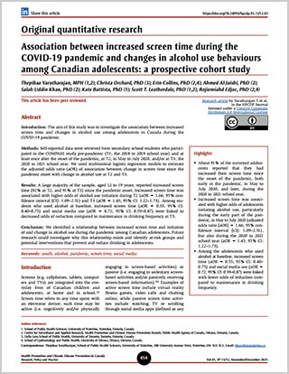 Original quantitative research – Association between increased screen time during the COVID-19 pandemic and changes in alcohol use behaviours among Canadian adolescents: a prospective cohort study
