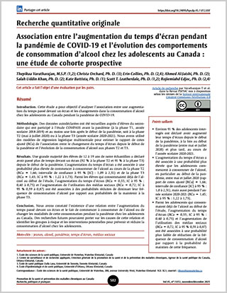 Recherche quantitative originale – Association entre l’augmentation du temps d’écran pendant la pandémie de COVID-19 et l’évolution des comportements de consommation d’alcool chez les adolescents au Canada : une étude de cohorte prospective