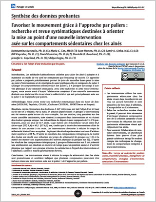Synthèse des données probantes – Favoriser le mouvement grâce à l’approche par paliers : recherche et revue systématiques destinées à orienter la mise au point d’une nouvelle intervention axée sur les comportements sédentaires chez les aînés