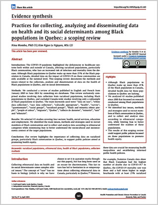 Evidence synthesis – Practices for collecting, analyzing and disseminating data on health and its social determinants among Black populations in Quebec: a scoping review