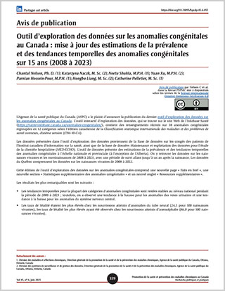 Avis de publication – Outil d’exploration des données sur les anomalies congénitales au Canada : mise à jour des estimations de la prévalence et des tendances temporelles des anomalies congénitales sur 15 ans (2008 à 2023)