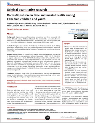 Original quantitative research – Recreational screen time and mental health among Canadian children and youth