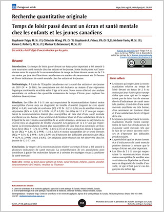 Recherche quantitative originale – Temps de loisir passé devant un écran et santé mentale chez les enfants et les jeunes canadiens